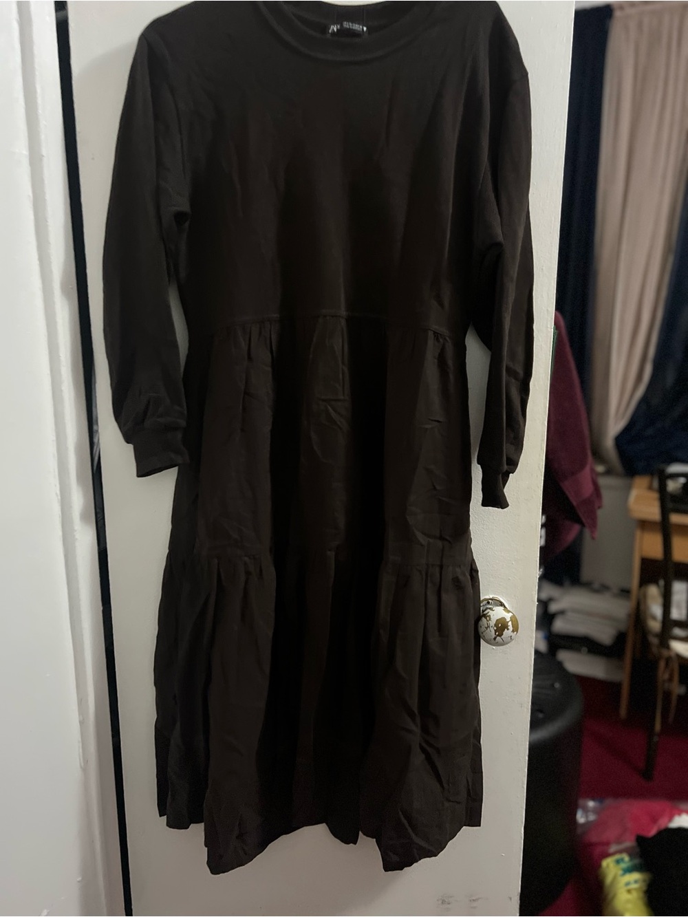 Zara Women’s Long Sleeve Tiered Midi Dress - Black